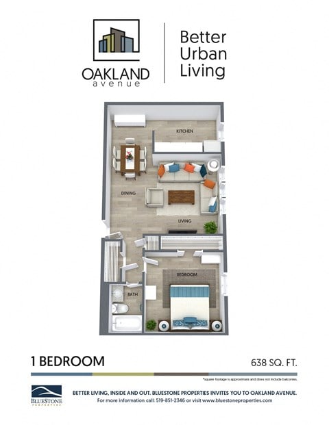Floor plan for 1 bed, 1 bath, 638 sqft